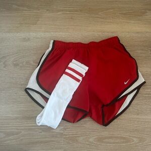 Nike Women's Red and Black Athletic Shorts + striped sock free bee